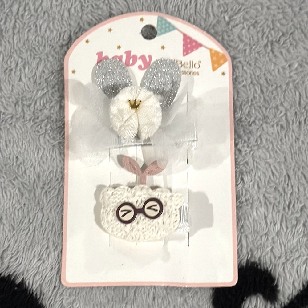 Baby D’bello Hair Clips! 1 Silver & White Bunny & 1 Cream & Pink Plant Sprout